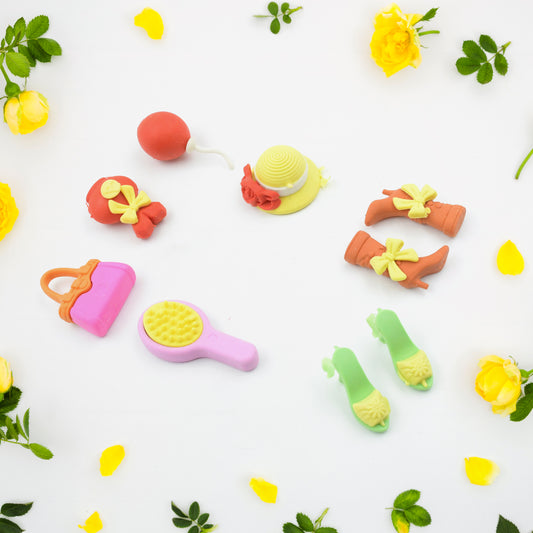 Colorful Wukusy mini eraser set with creative and cute designs, perfect for school, gifts, and party favors, including cookware and makeup shapes.