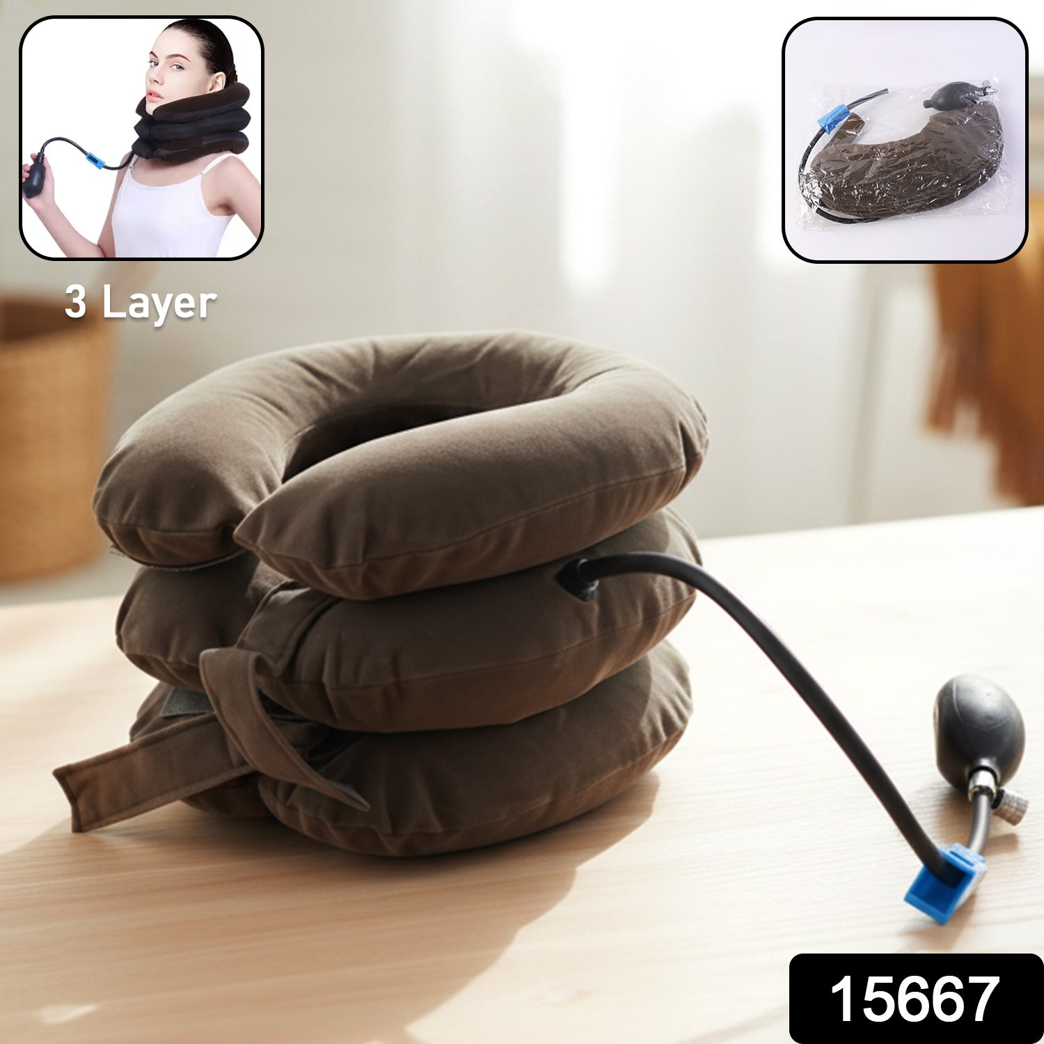 Wukusy 3-layer inflatable cervical neck traction support collar, adjustable for comfort and neck pain relief, lying flat.