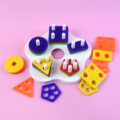 Colorful geometric stacking sorter puzzle toy by Wukusy, with interlocking shapes for developmental play and fine motor skills.