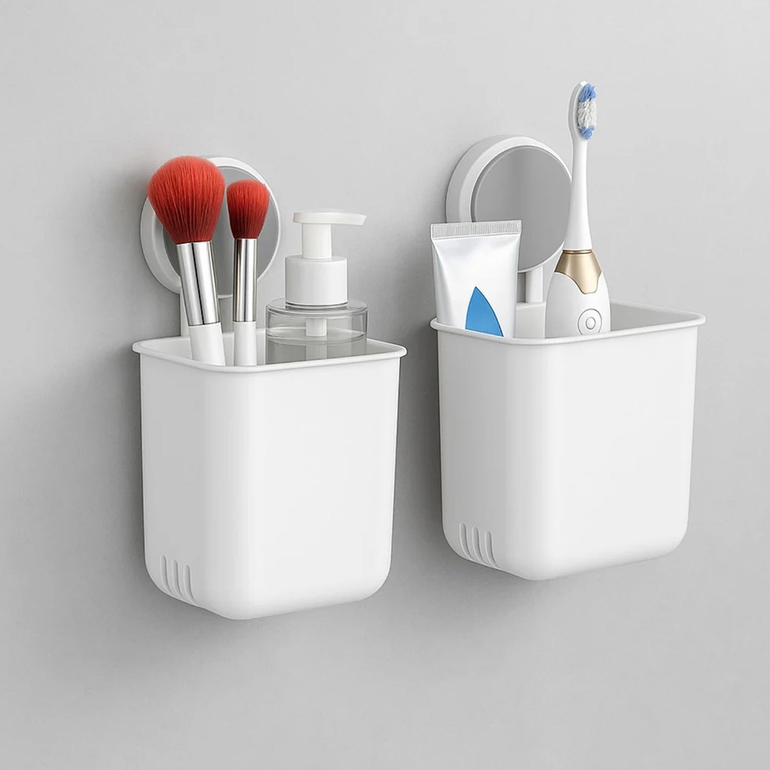 Wall mounted bathroom storage organizer cup set by Wukusy with two durable plastic cups for toiletries and bathroom essentials.