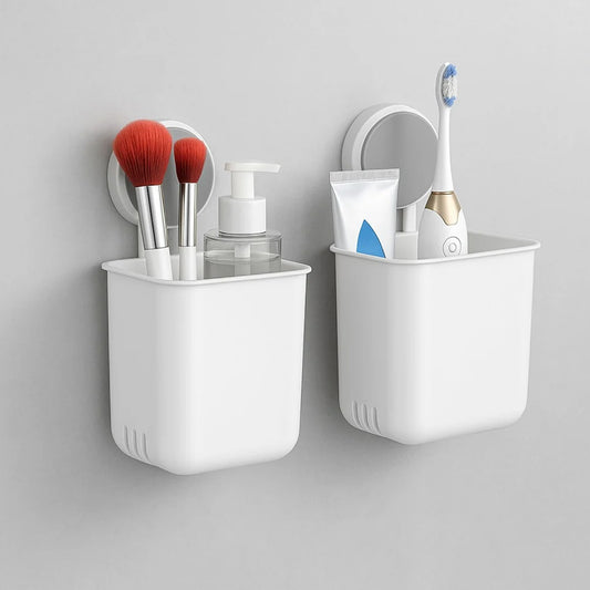 Wall mounted bathroom storage organizer cup set by Wukusy with two durable plastic cups for toiletries and bathroom essentials.