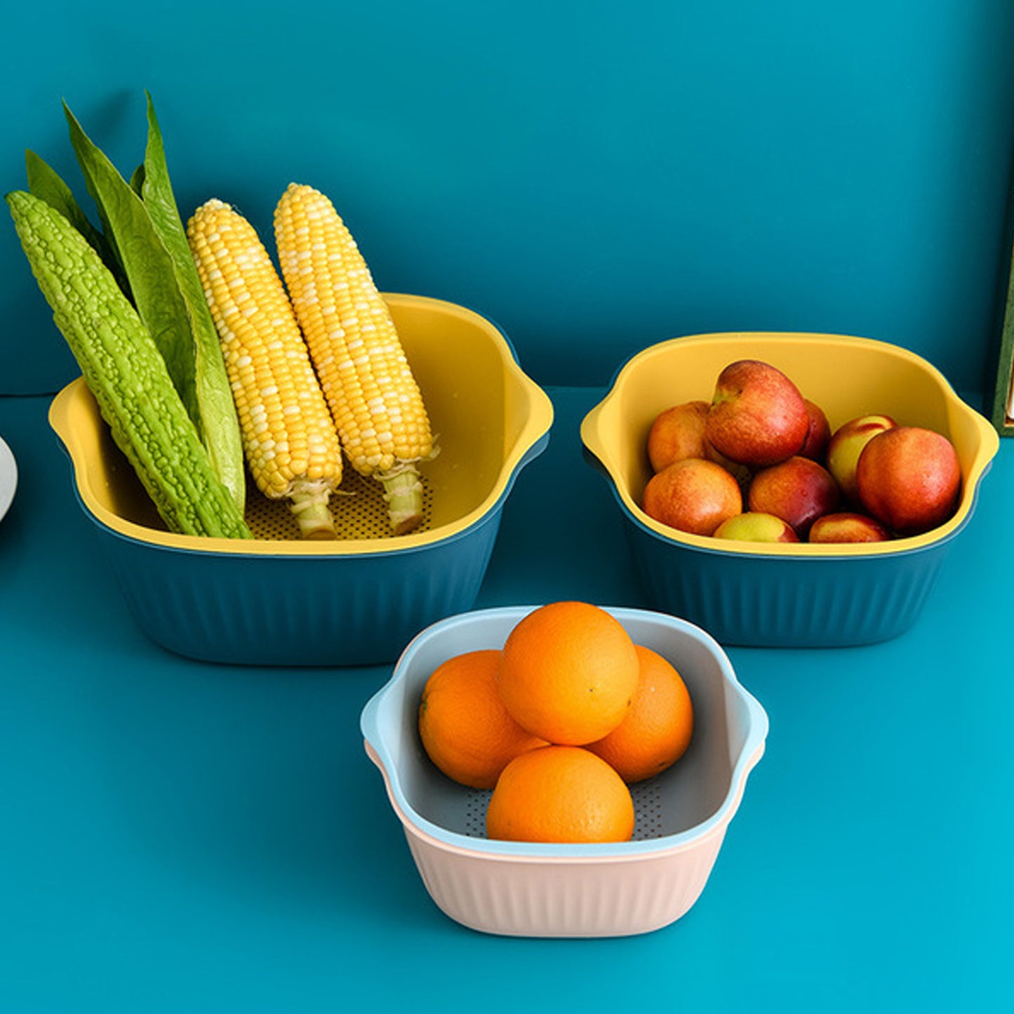 Wukusy 5228a plastic kitchen washing bowl with strainer and drainer basket for home kitchen use, suitable for rinsing and draining.