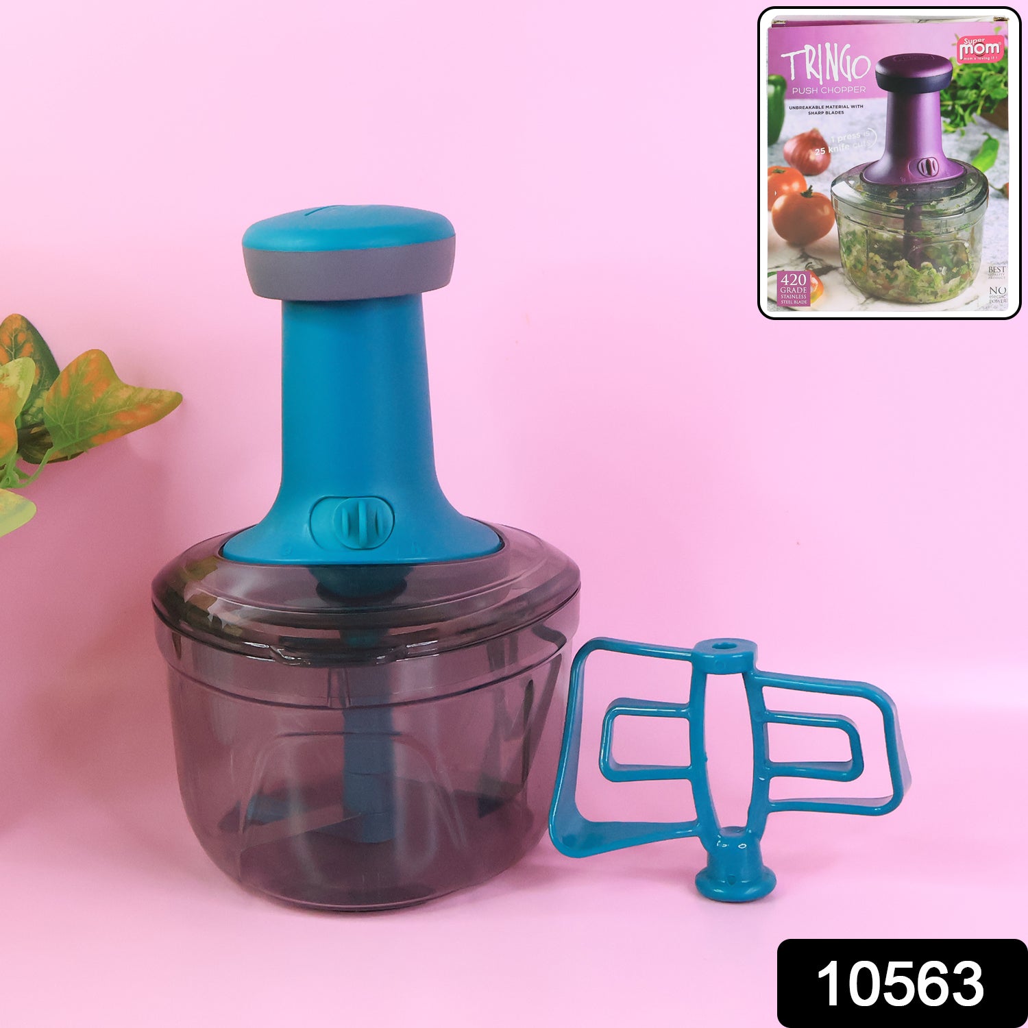 Wukusy Supermom Premium Tringo Push Chopper in black with ergonomic handle and stainless steel blades for easy vegetable chopping.