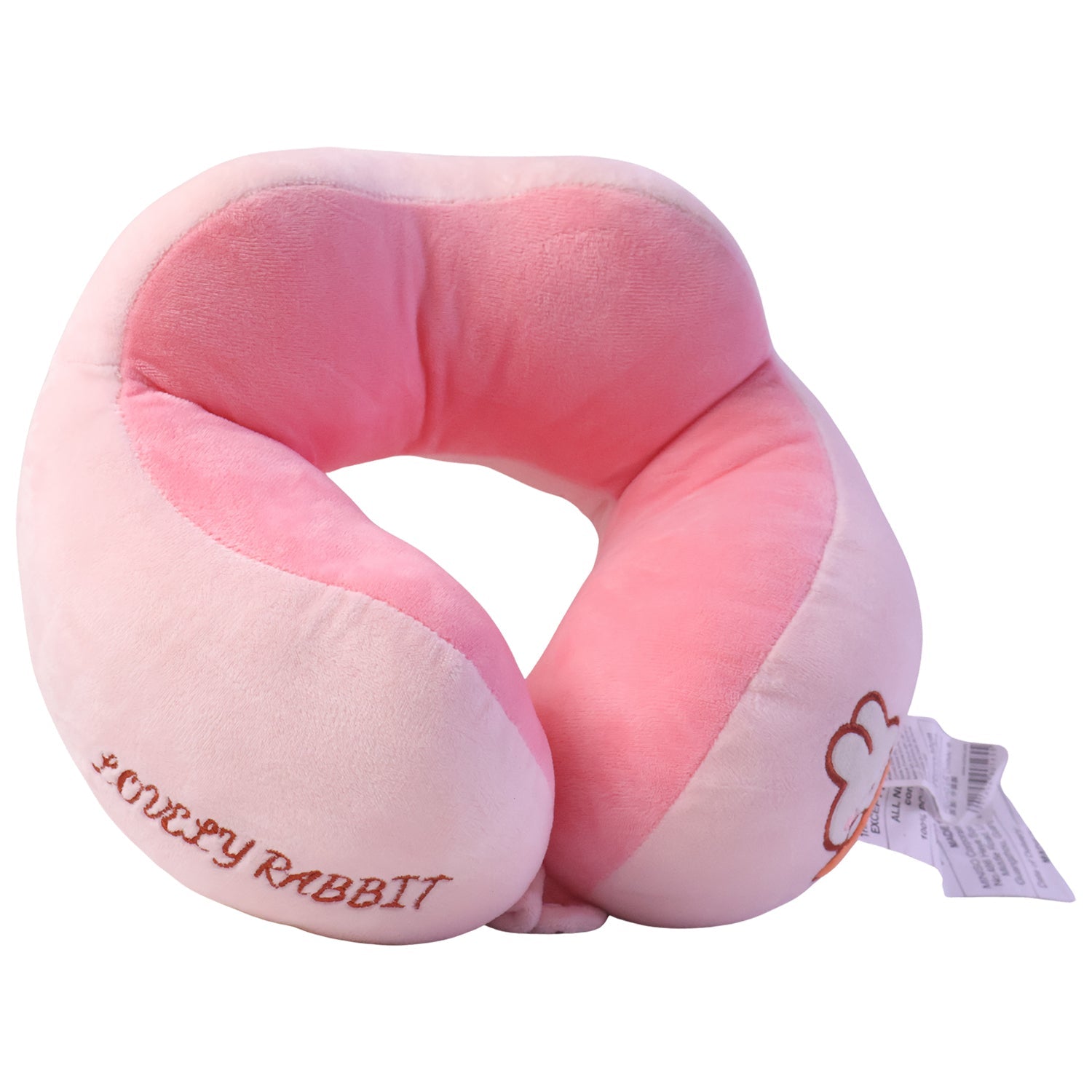 Pink plush U-shaped travel neck pillow by Wukusy, soft head and neck support for comfort during travel.