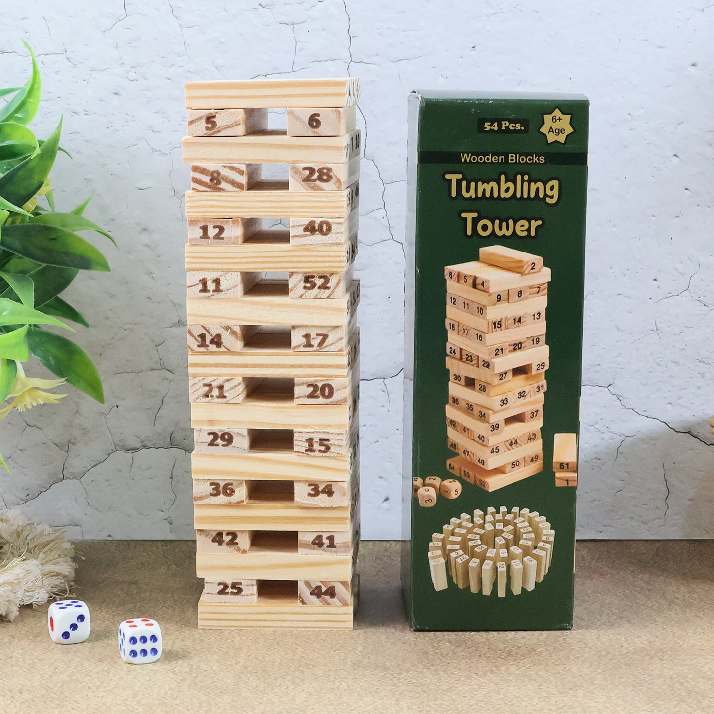 Wukusy Tumbling Tower wooden blocks game set with stacked natural wood blocks for children and family fun.