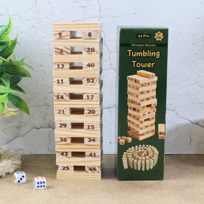 Wukusy Tumbling Tower wooden blocks game set with stacked natural wood blocks for children and family fun.