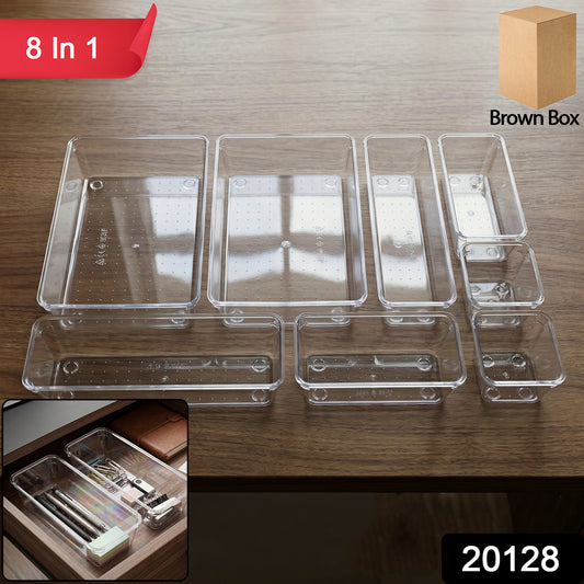Wukusy 8-in-1 drawer organizer storage tray set with multiple compartments for organizing dresser drawers and kitchen drawers.