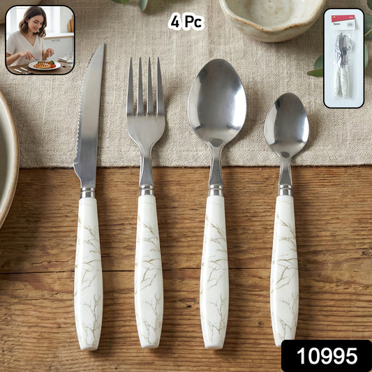 Wukusy stainless steel cutlery set with four pieces featuring elegant marble design handles on spoons, forks, and knives.