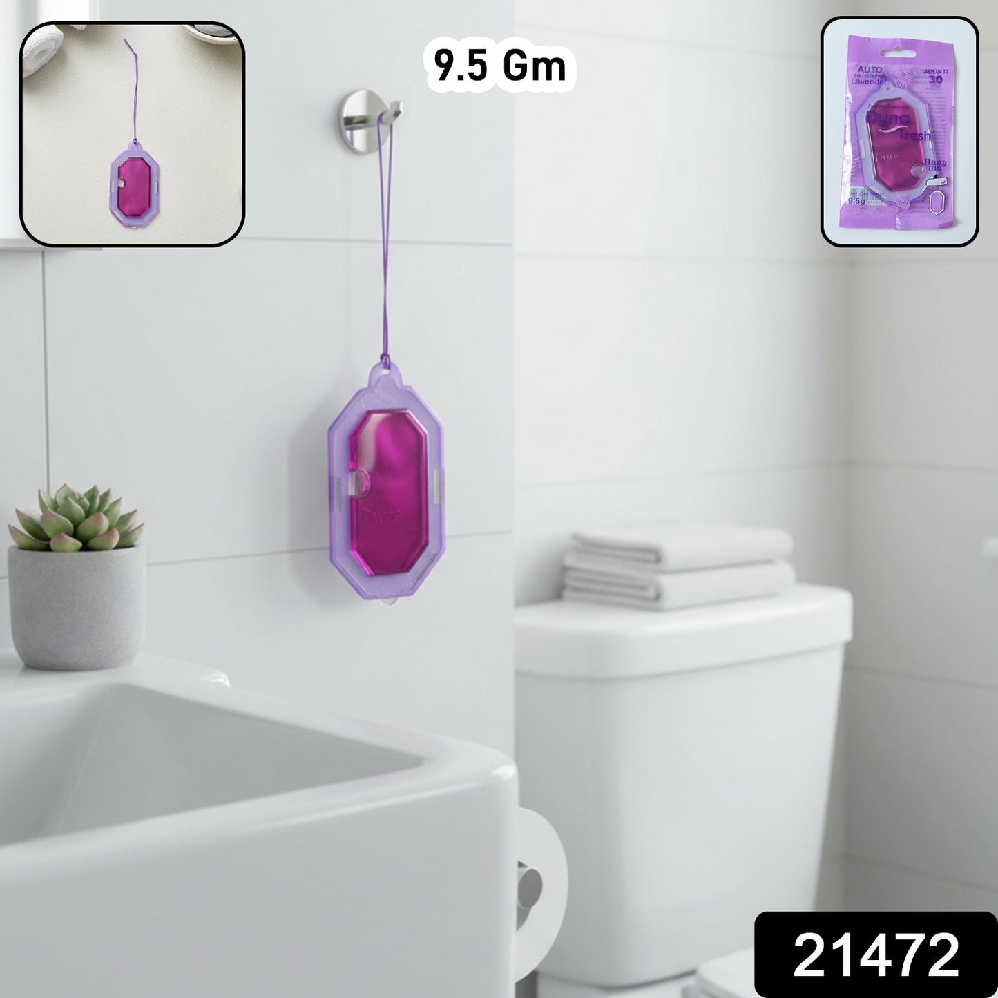 Wukusy lavender gel hanging bathroom air freshener, 9.5g, with a clear plastic clip and lavender scent in a compact design