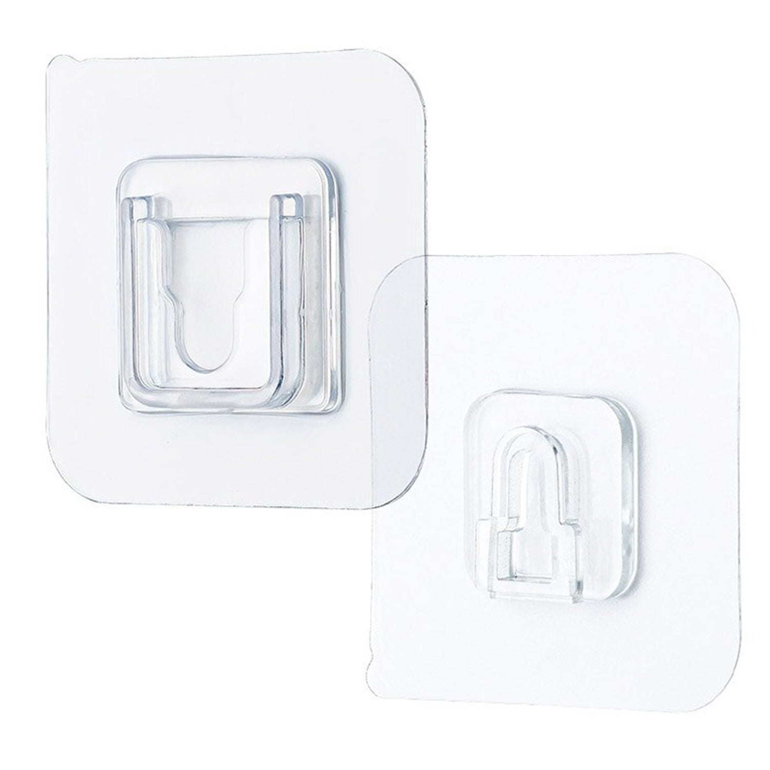 Wukusy 7433 transparent adhesive male hook for hanging items, shown attached to a wall in a home improvement setting