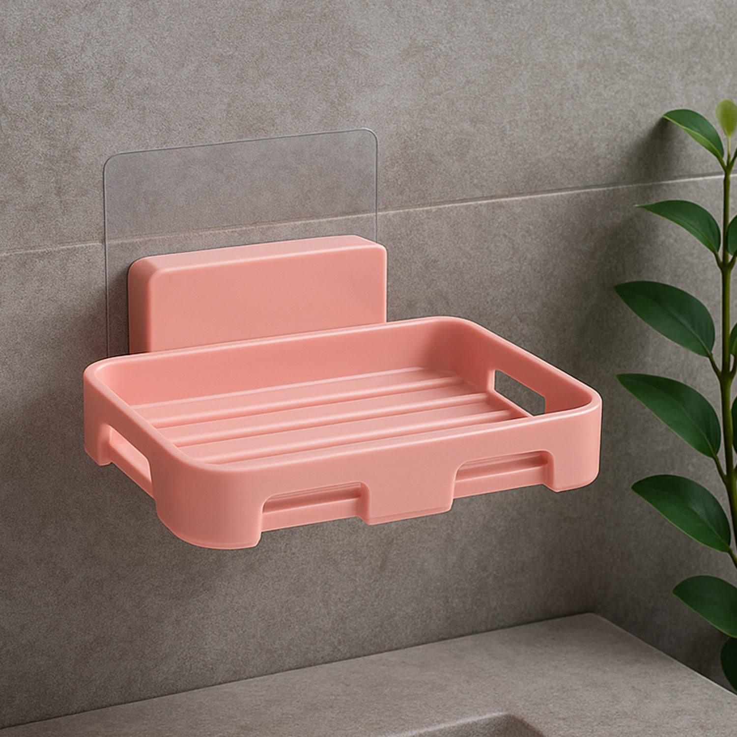 Wukusy self-adhesive rectangular soap dish holder mounted on a bathroom wall, designed for easy soap storage and drainage