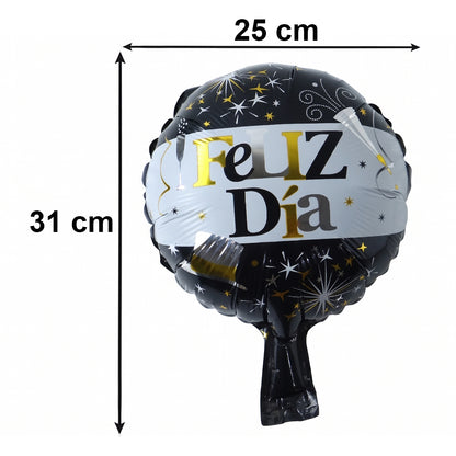 Black and gold Feliz Dia round foil balloon from Wukusy, featuring festive birthday or celebration design.