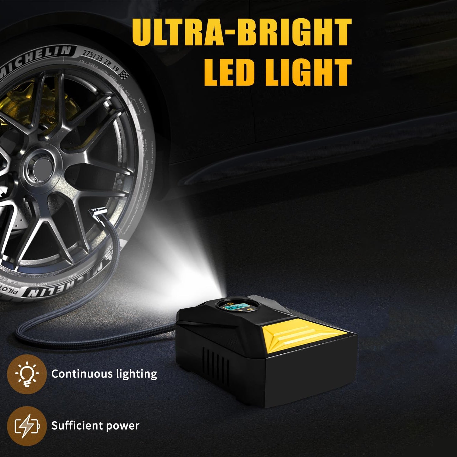 Wukusy Mini Digital Portable Car Tyre Air Compressor with digital display and air hose for automotive tire inflation.