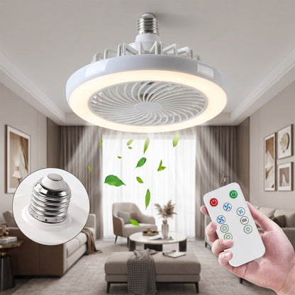 Wukusy remote control ceiling fan with integrated light and E27 socket LED lamp, suitable for home use, shown from below.