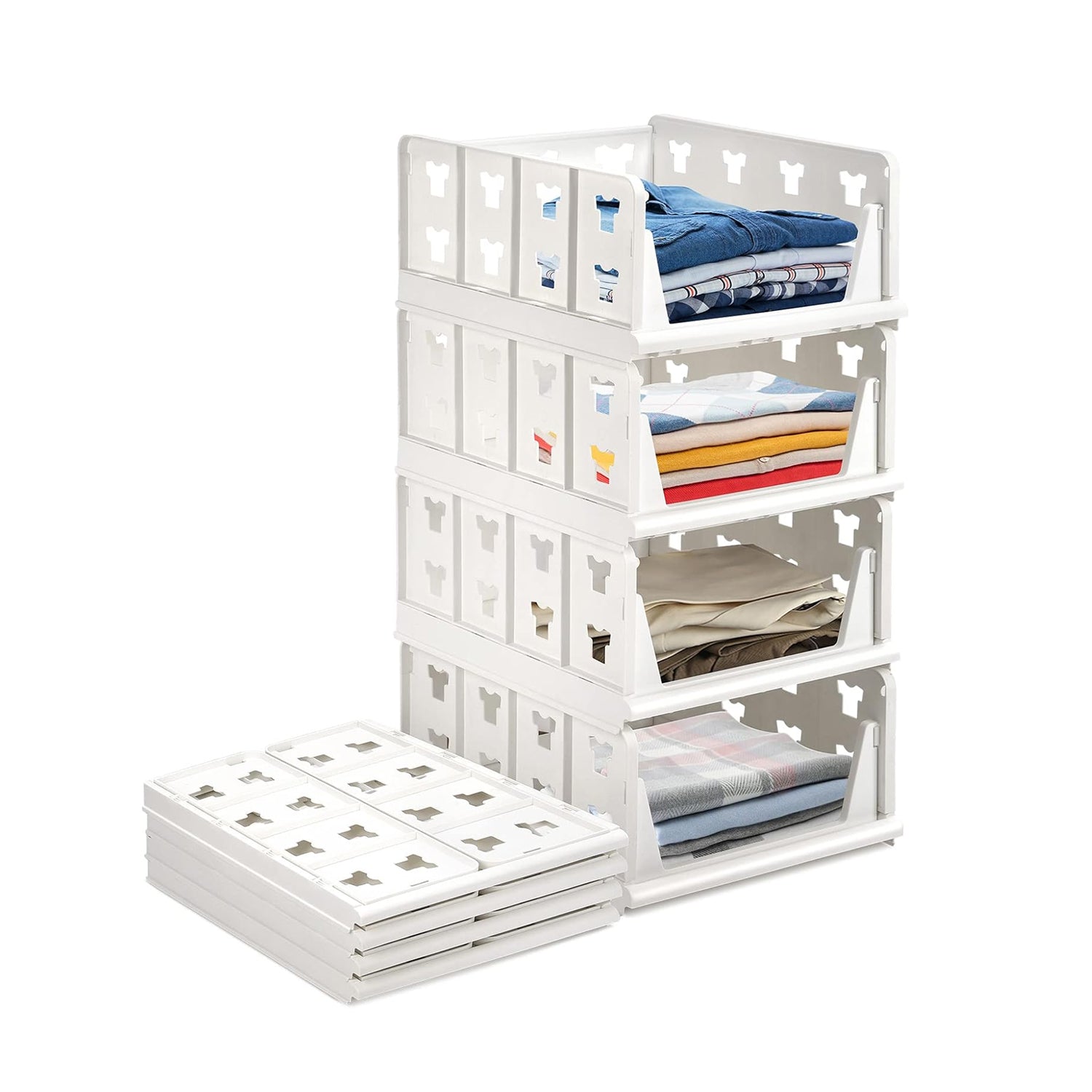 Wukusy 4-layer stackable storage cart with foldable drawers, ideal for clothes, kitchen, pantry, or bathroom organization.