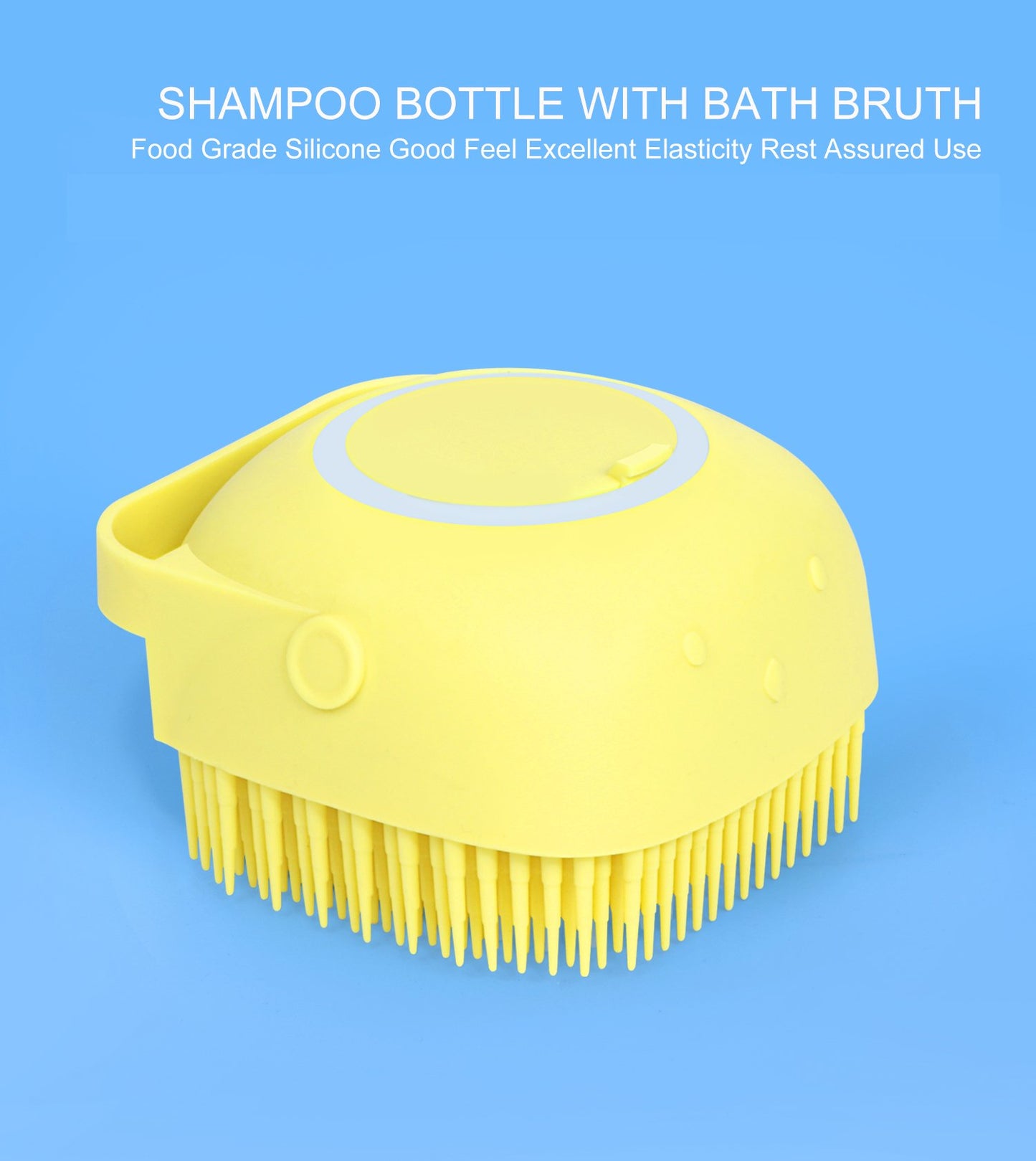 Wukusy silicone massage bath body brush with shampoo dispenser, soft bristles and ergonomic handle for cleansing and exfoliating.