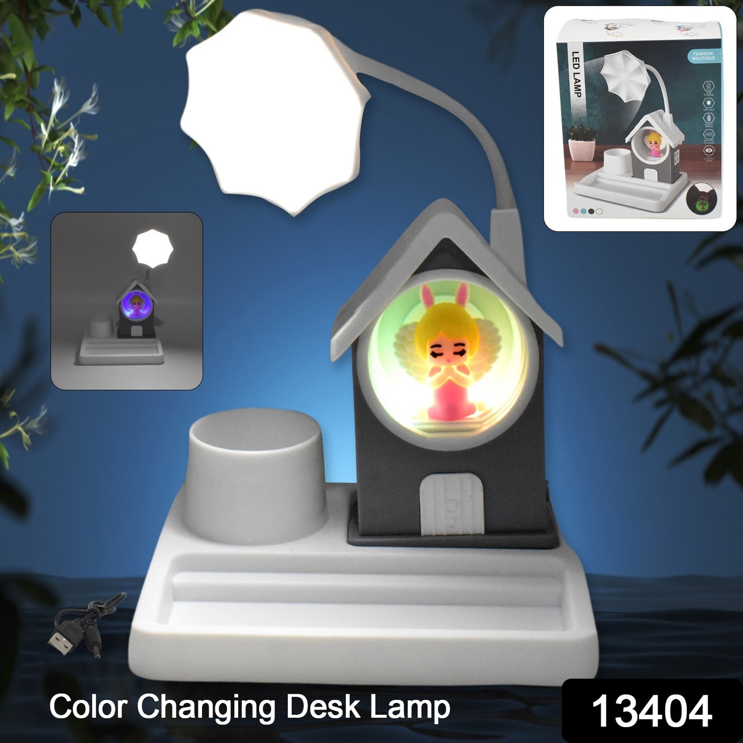 Cute cartoon LED desk light with plastic base, multi-color changing lights, designed for home decor by Wukusy.