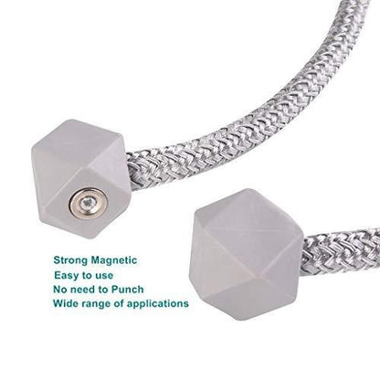 Wukusy hexagonal magnetic braided rope tiebacks for curtains, two-piece set with loop binding and buckle for home decor.