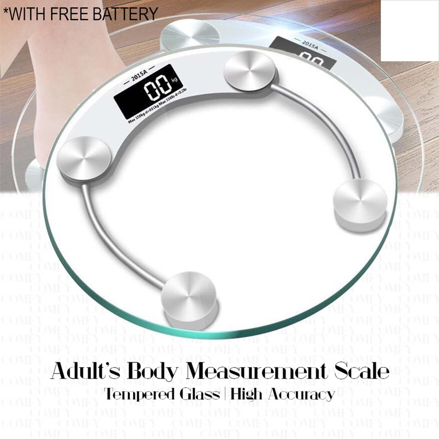 Digital personal body weight scale by Wukusy showing a clear digital display with weight readings on a sleek black platform.