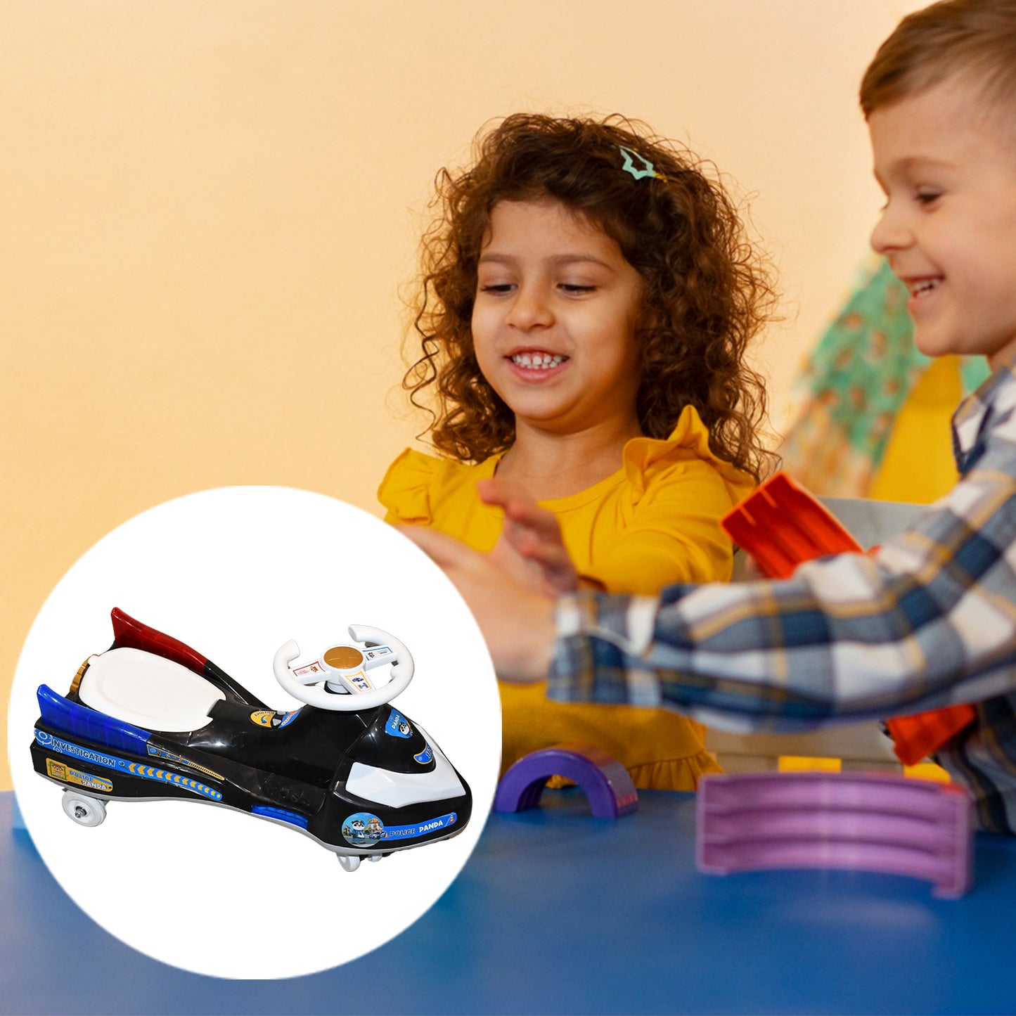 Wukusy Twisted Police Ride-on Toy Car for Kids with musical features, lights, and steering wheel in a colorful plastic design
