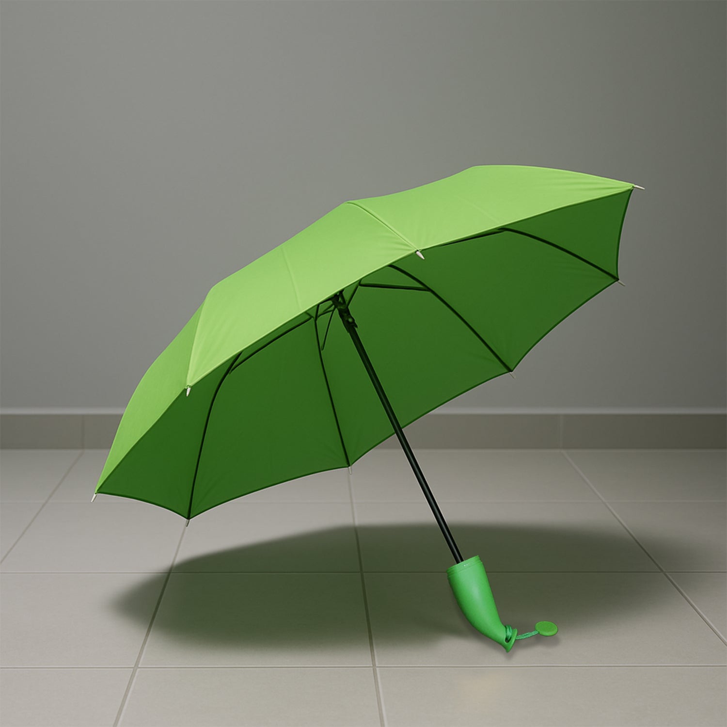 Green Wukusy travel mini foldable umbrella with banana shape, compact and stylish for quick rain protection.