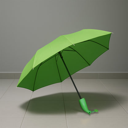 Green Wukusy travel mini foldable umbrella with banana shape, compact and stylish for quick rain protection.
