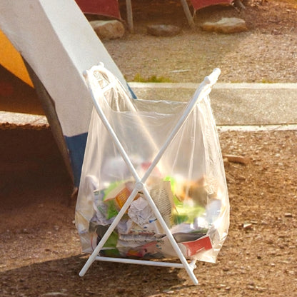 Wukusy foldable garbage bag holder stand with black metal frame and adjustable support for trash bags.