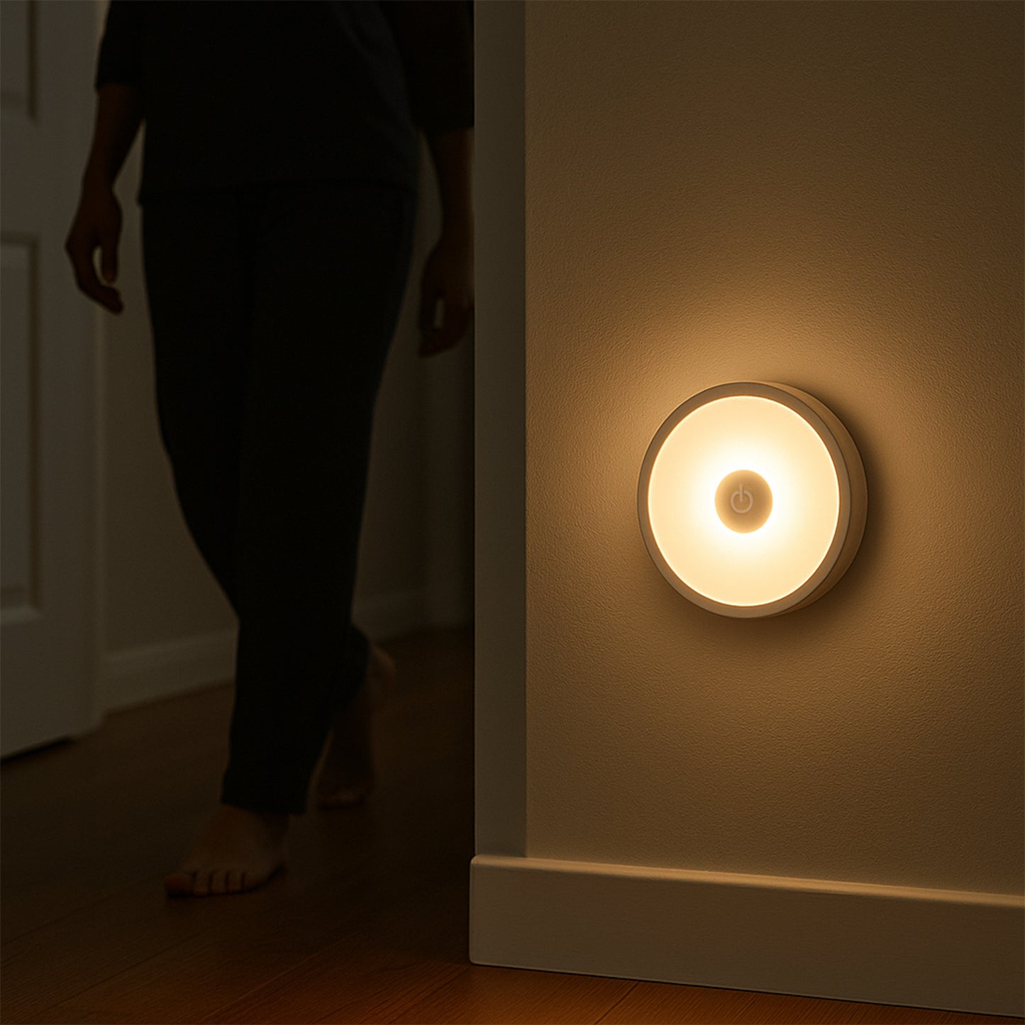 Wukusy rechargeable motion sensor night light illuminating a dark room with soft white light, compact and energy-efficient design