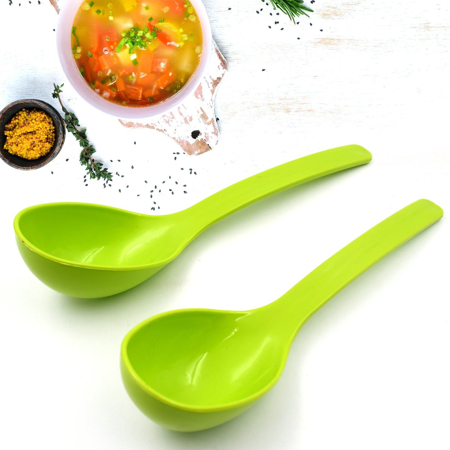 Wukusy 5724 plastic kitchen serving spoons set, including 10-inch curry and rice spoons, ideal for frying, serving, and eating food.