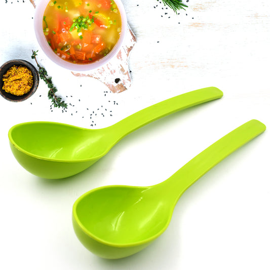 Wukusy 5724 plastic kitchen serving spoons set, including 10-inch curry and rice spoons, ideal for frying, serving, and eating food.