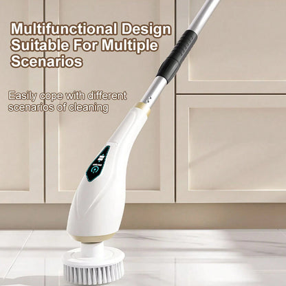 Wukusy 11-in-1 electric spin scrubber for home cleaning, showing the versatile tool with various attachment heads in use.