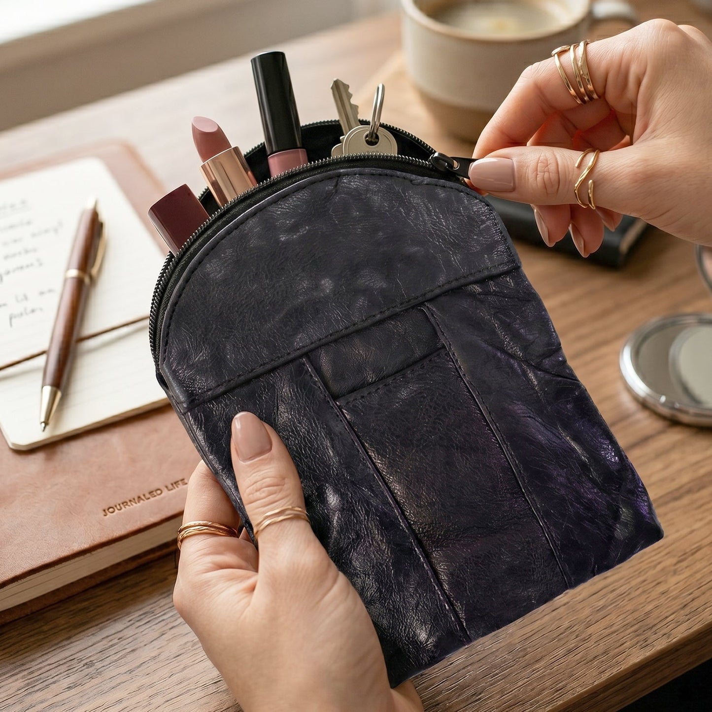 Wukusy leather mini zipper pouch with compact coin and card slots for men and women, stylish organizer for essentials