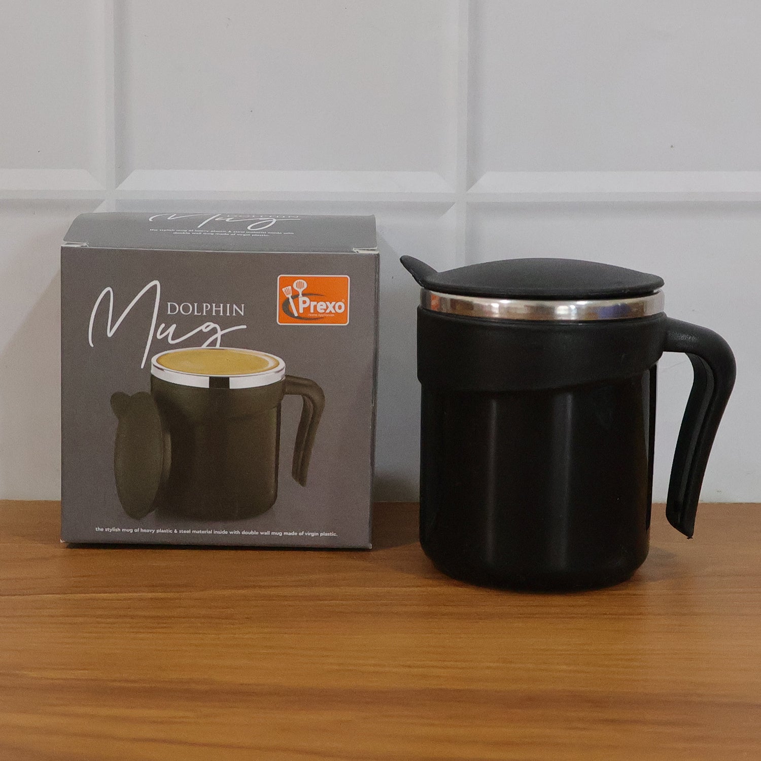 Wukusy Prexo modern insulated dolphin mug with lid, 200ml, featuring a sleek design and playful dolphin shape.