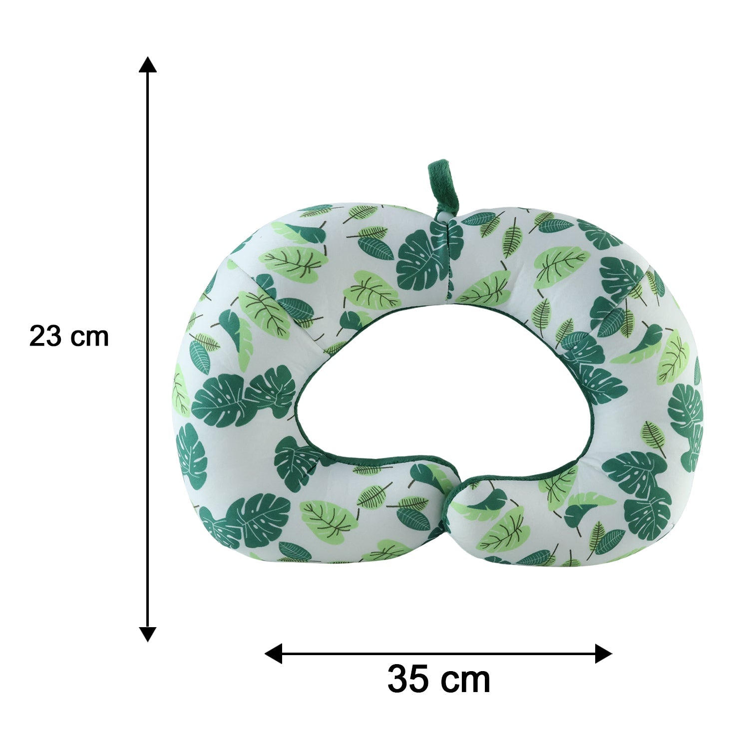 Green leaf print U-shaped travel neck pillow by Wukusy, soft head support for comfortable travel and neck relaxation.