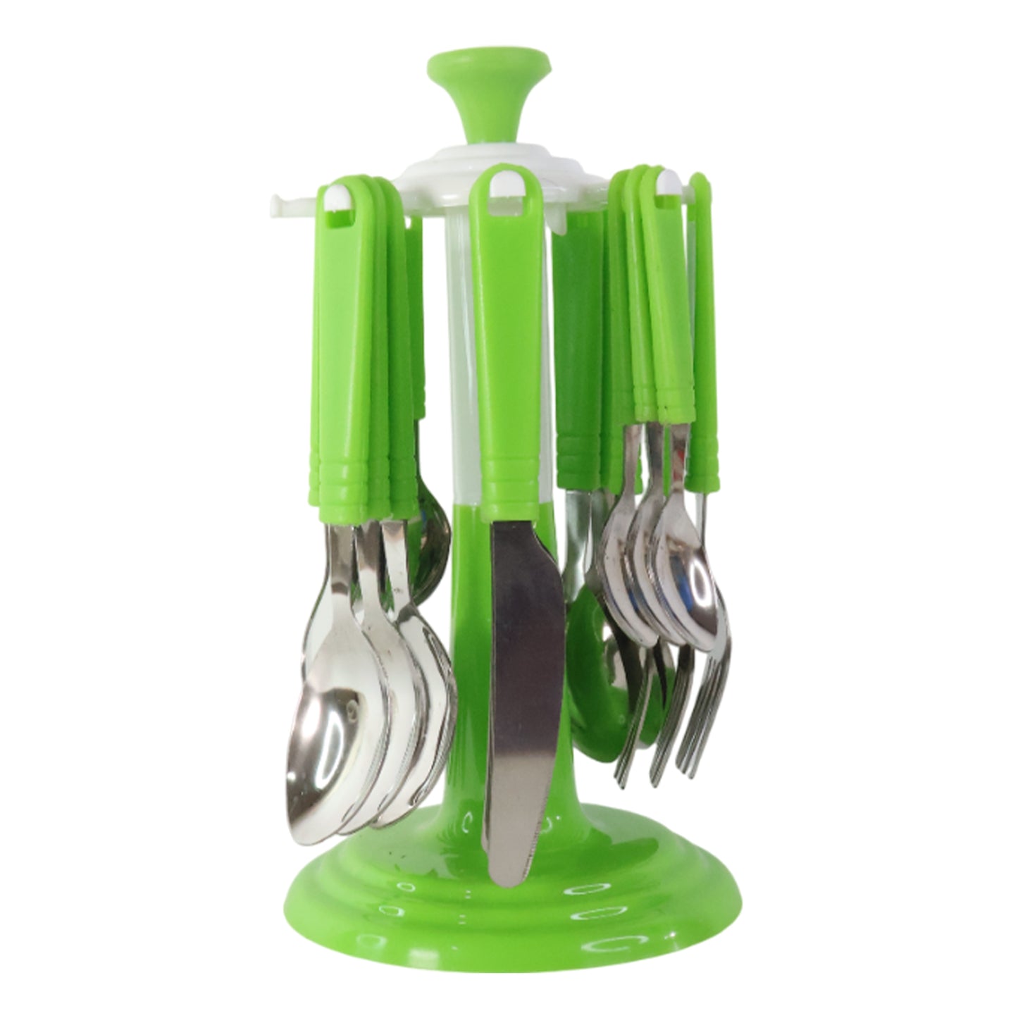 Wukusy 24-piece stainless steel cutlery set with wooden stand, includes forks, knives, spoons for home and kitchen use
