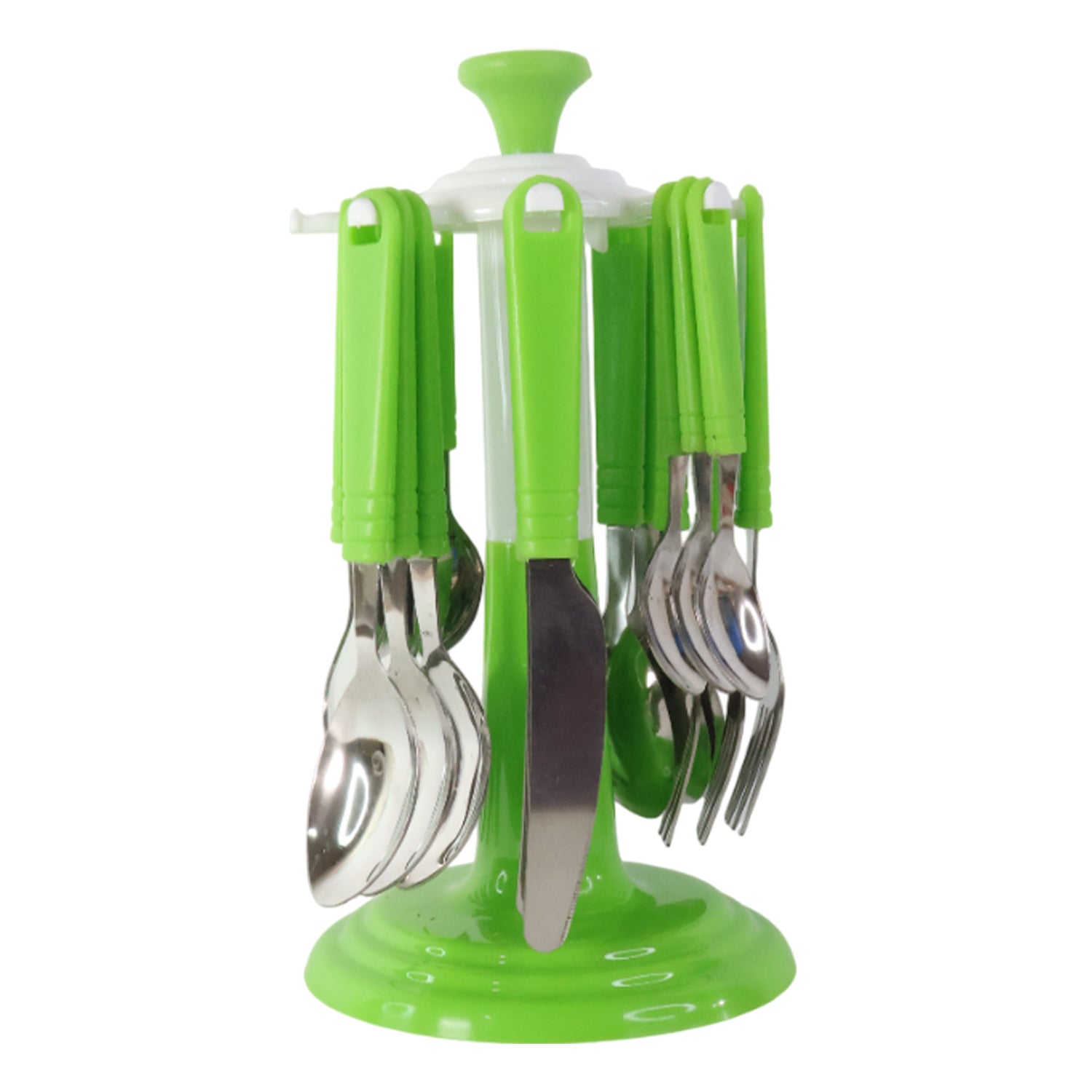 Wukusy 24-piece stainless steel cutlery set with wooden stand, includes forks, knives, spoons for home and kitchen use
