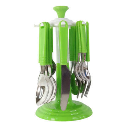 Wukusy 24-piece stainless steel cutlery set with wooden stand, includes forks, knives, spoons for home and kitchen use