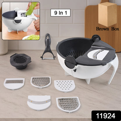 Wukusy 9-in-1 multifunctional vegetable chopper with stainless steel blades on a kitchen countertop.