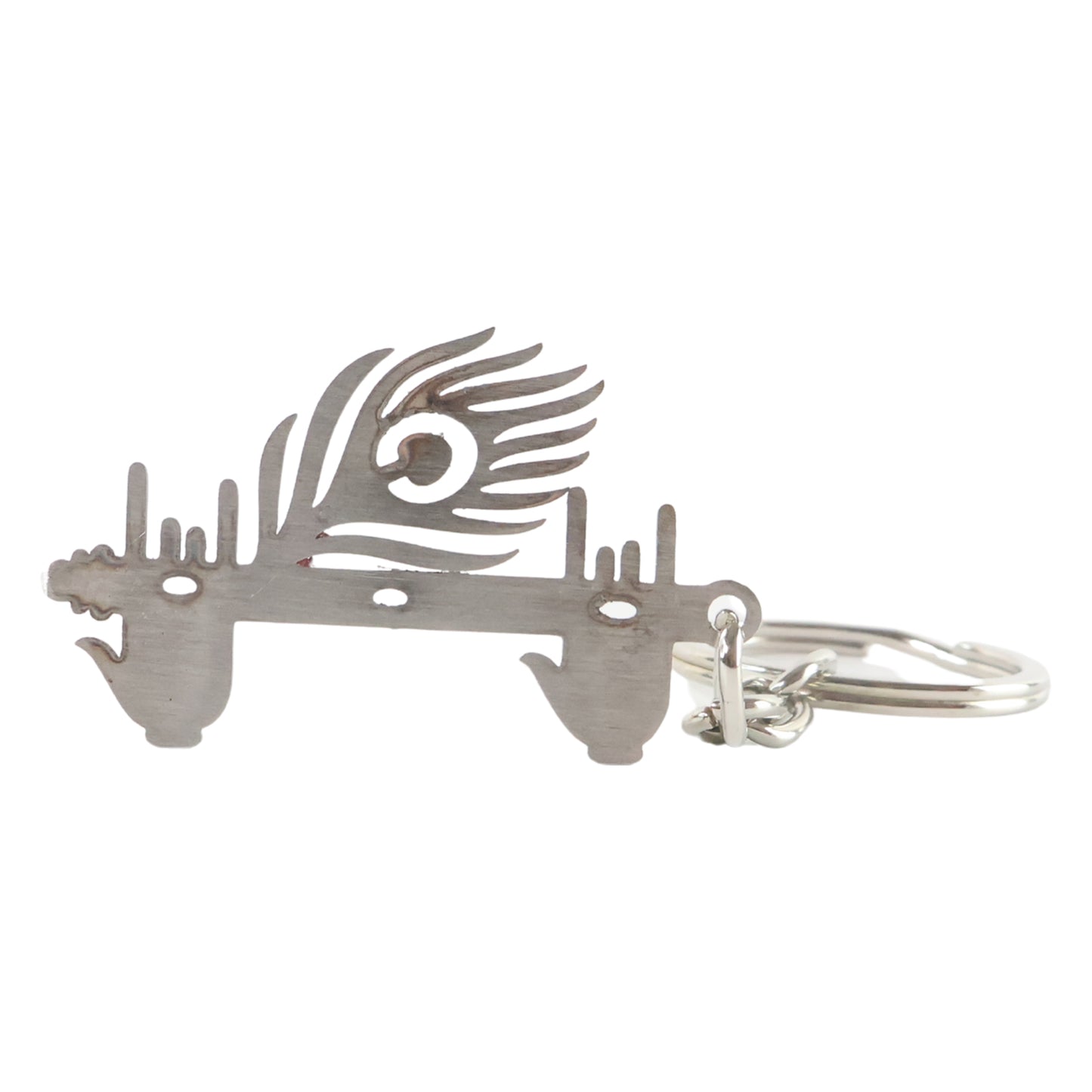 Wukusy Krishna Flute metal keychain with peacock feather design, featuring intricate craftsmanship and a compact, decorative style.