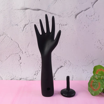 Black hand-shaped jewelry display stand by Wukusy showing a versatile holder for rings, bracelets, and necklaces.