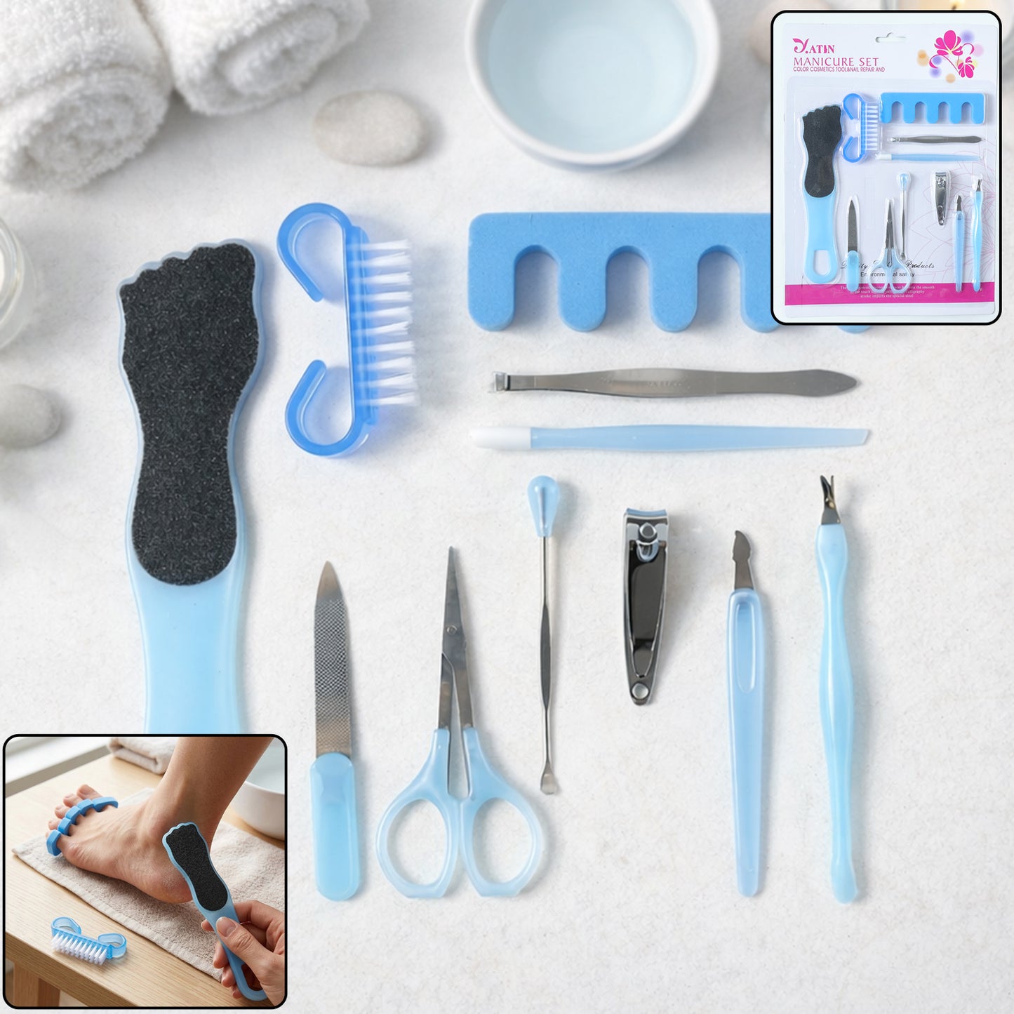 Wukusy 11-in-1 manicure and pedicure grooming kit with various nail care tools arranged in a compact set.