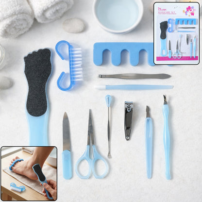 Wukusy 11-in-1 manicure and pedicure grooming kit with various nail care tools arranged in a compact set.