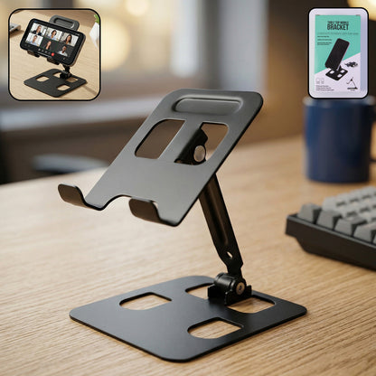 Adjustable metal mobile stand by Wukusy holding a smartphone on a clean white background.