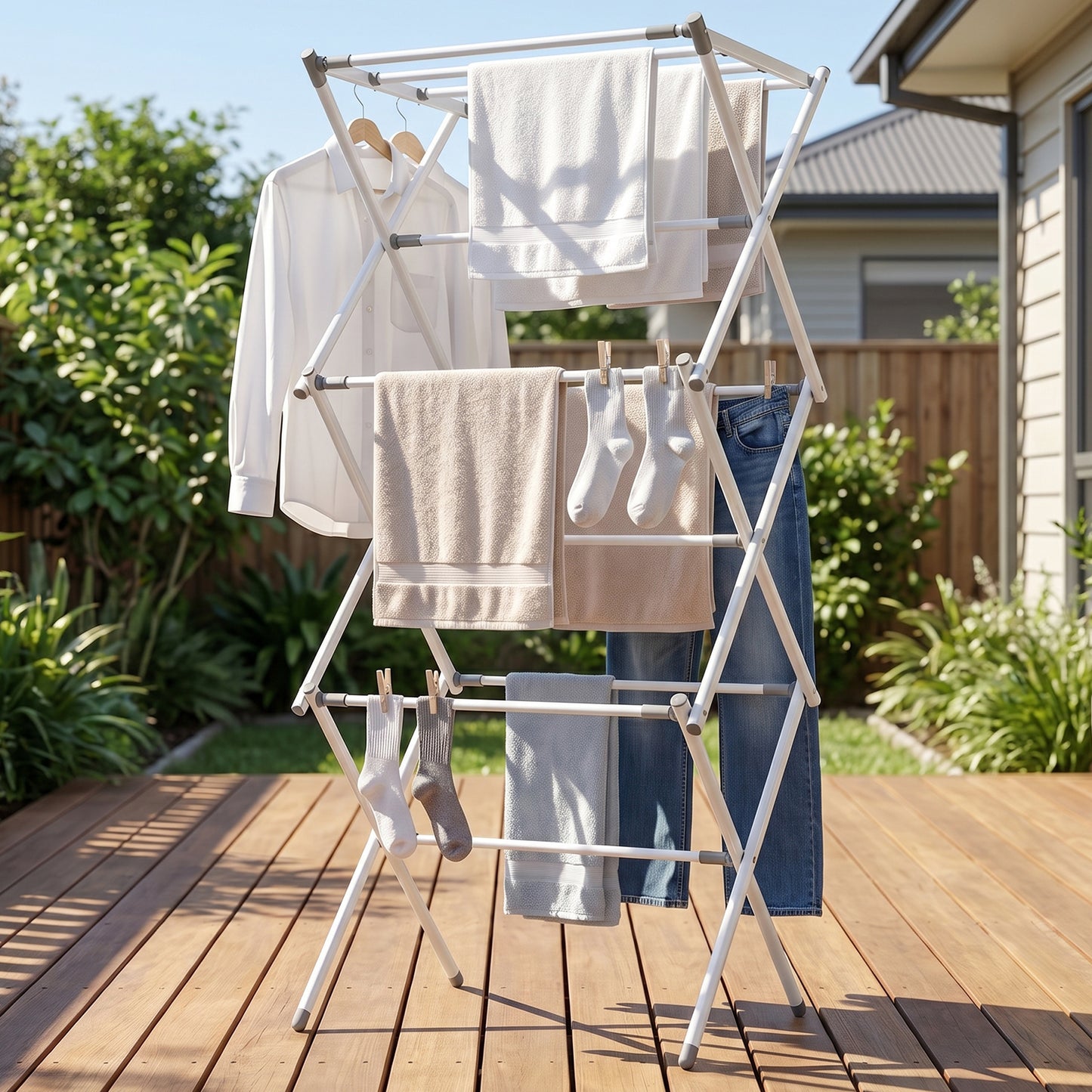 Wukusy 3-tier folding clothes drying rack with multiple bars for laundry, ideal for balcony use, shown assembled and open