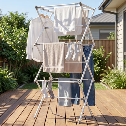 Wukusy 3-tier folding clothes drying rack with multiple bars for laundry, ideal for balcony use, shown assembled and open