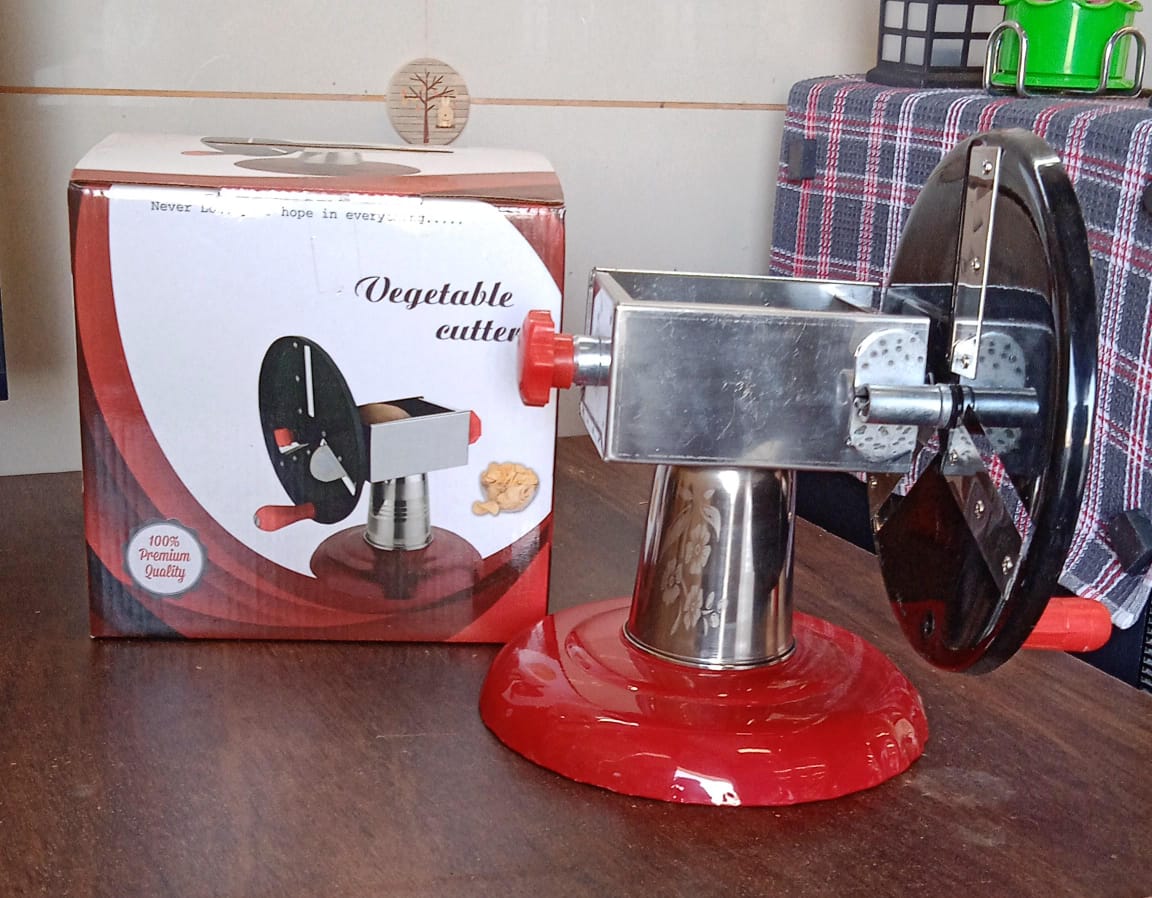 Wukusy stainless steel chips maker and vegetable slicer with iron wheel and stand, ideal for potato chips, graters, and vegetable cutting.