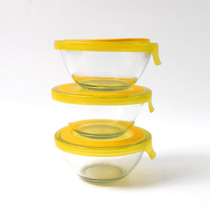 Wukusy Dazzle Glass Bowl Set with 3 mixing and storage bowls with lids, clear glass, perfect for kitchen use