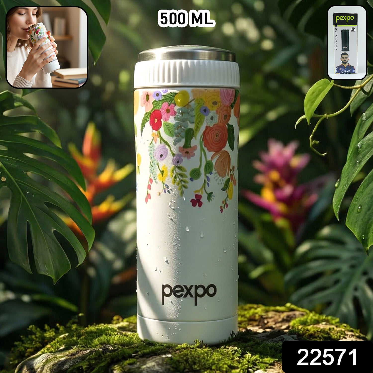Wukusy Pexpo Crypto Art stainless steel water bottle, 500ml, with hot and cold vacuum insulation and vibrant crypto-themed design.