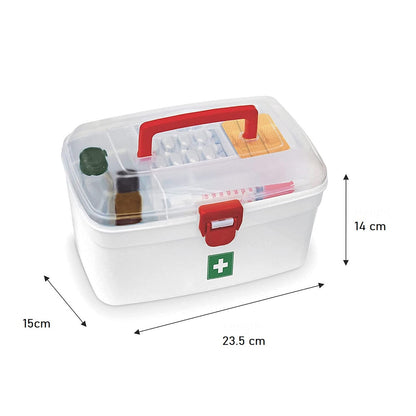 Wukusy 6412 medical storage box with handle, detachable tray, and multiple compartments for first aid supplies and medicines.