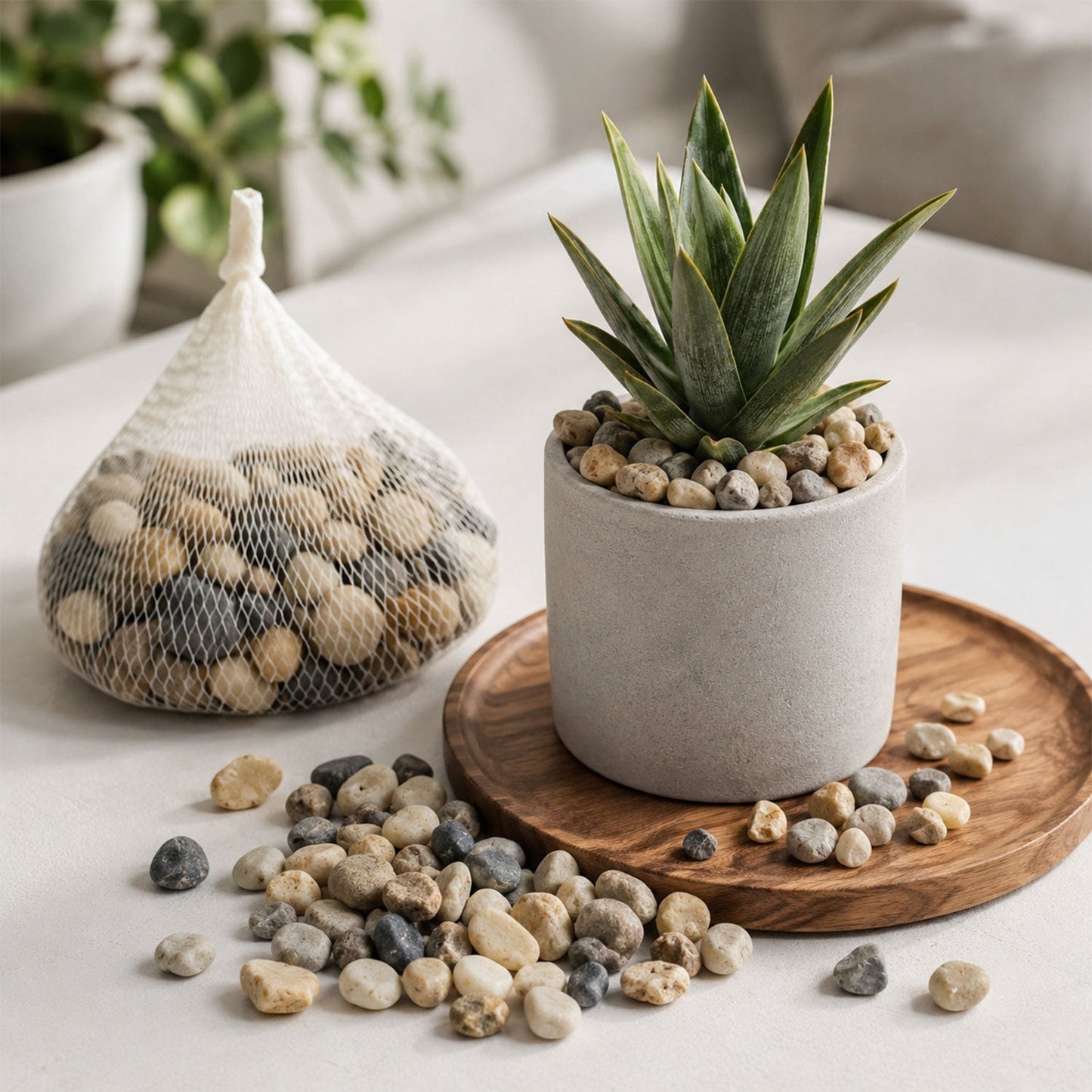 Set of decorative natural pebbles stones for aquarium, vase, garden, and home decor by Wukusy, showing smooth, multi-colored stones.